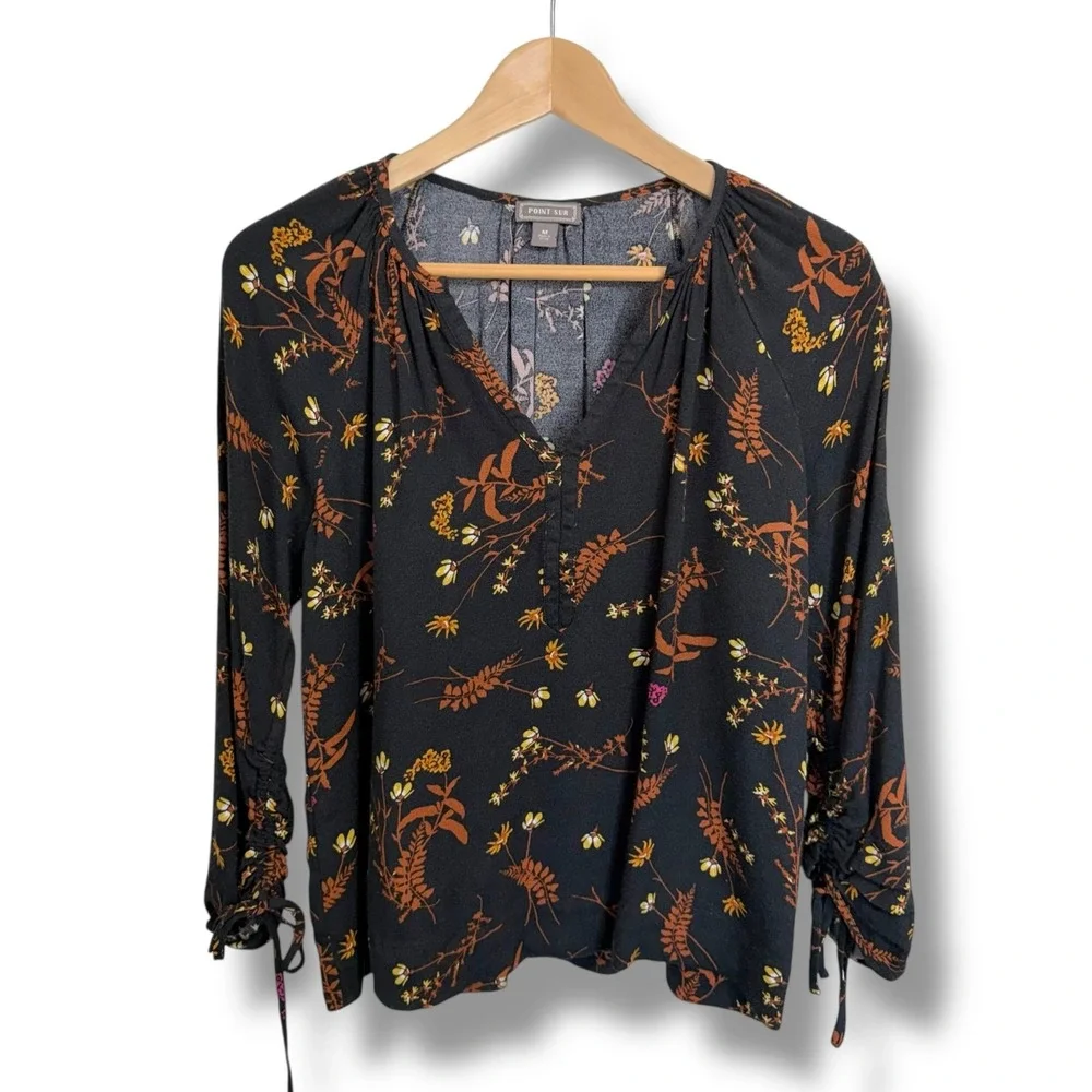 POINT SUR Black Floral Print‎ V Neck Long Sleeve Gathered Cuff Blouse Women's M